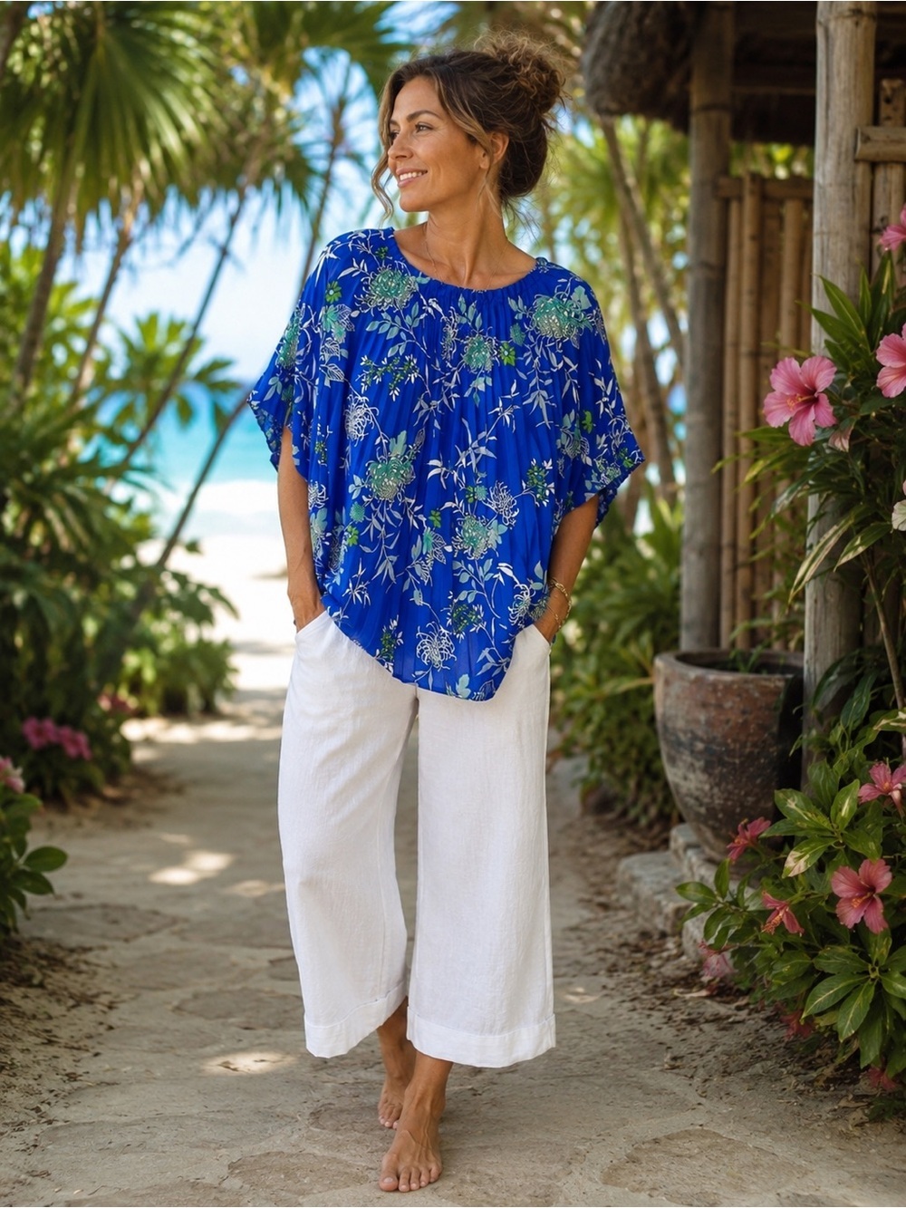 Malihini Hawaii Blue Floral Batwing Top Large Polyester
